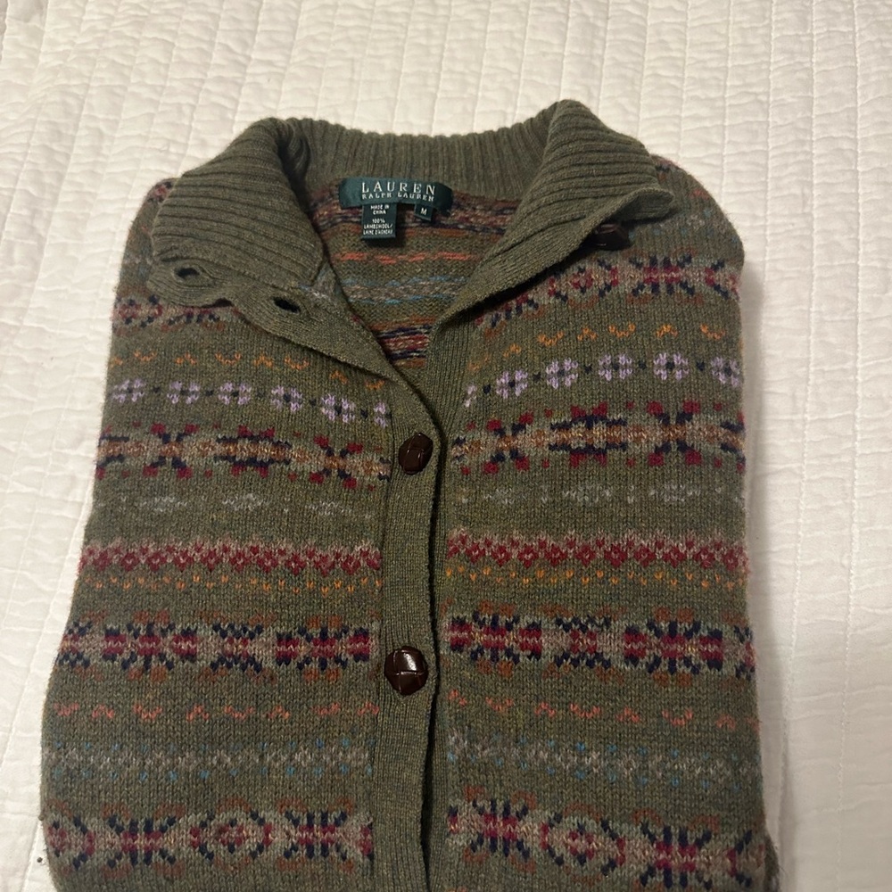 Ralph Lauren Olive Patterned lambswool long cardigan sweater coat - Picture 3 of 7
